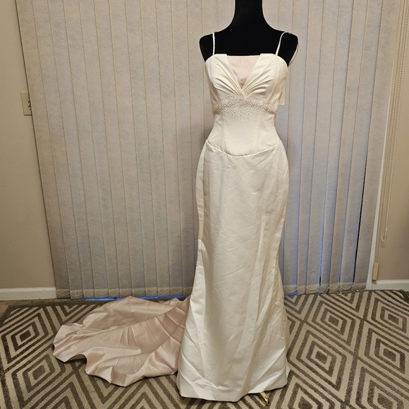 Impressions Elegant Cream and Blush Long Sleeve Dress - Picture 1 of 9